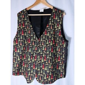 111 Main Christmas Vest Womens 2X Black Reindeer Holiday Trees Cotton Button Up‎